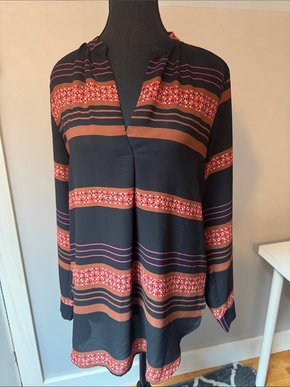 LOFT Black Blouse with Rust and Pink Stripes